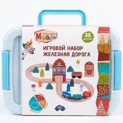 Разв. игра из дер. "Железная дорога": 18 эл. дор., дл. полотна 128 см, паровоз+2 вагона, 2 машинки,