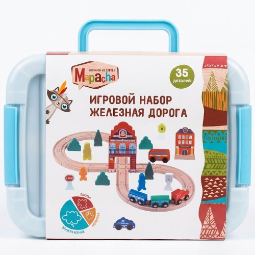 Разв. игра из дер. "Железная дорога": 18 эл. дор., дл. полотна 128 см, паровоз+2 вагона, 2 машинки,